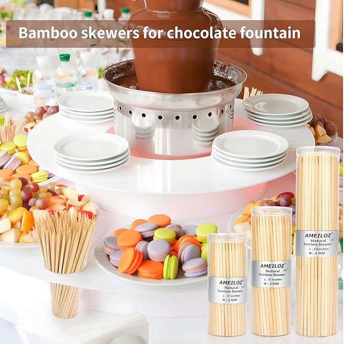 8" Bamboo Wooden Skewers for BBQ, Kebob, Appetizer, Fruit, Sausage, Chocolate Fountain, Natural Wood Barbecue Kabob Skewer Stick, Organic Food Sticks for Grilling, Kitchen (Φ=4mm Thick, 100PCS)