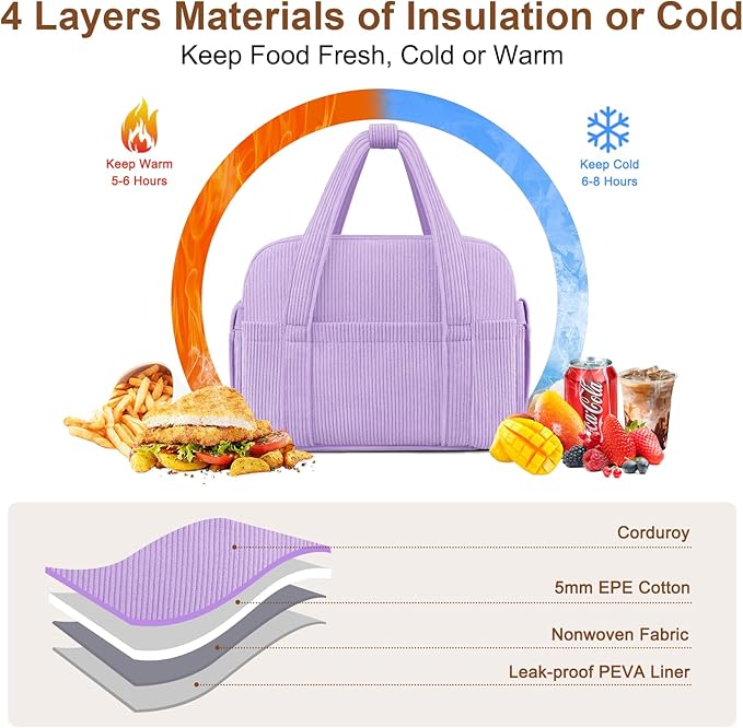Corduroy Lunch Box Lunch Bag for Women Men, Cute Strawberry Small Insulated Reusable Work Leakproof Simple Lunch Boxes Tote Bag Adults Cooler Bag