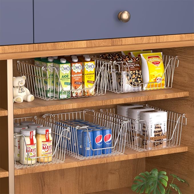 SANNO 14" Stackable Baskets Pantry Bins Storage Baskets Metal Wire Basket, Storage Organizer Basket Open Front for Kitchen Cabinets, Pantry, Closets, Bedrooms, Bathrooms 3 Pack