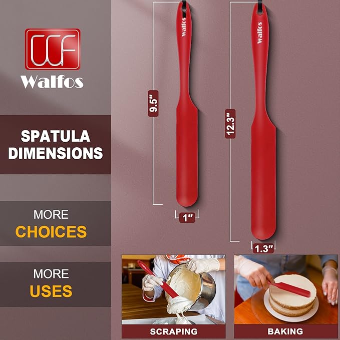 Walfos Silicone Jar Spatula - 600ºF Heat Resistant Kitchen Spatulas(2pcs), Strong Steel Core & One-Pieces Design,Mixing Batter & Cake Cream Spatulas, for Cooking & BPA Free & Dishwasher Safe, Red