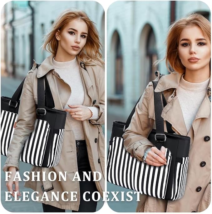 Large Women Lunch Bags for Work/Insulated Adult Lunch Box for Women. Reusable Lunch Cooler Purse for Work Picnic Hiking 14L, Black Stripes