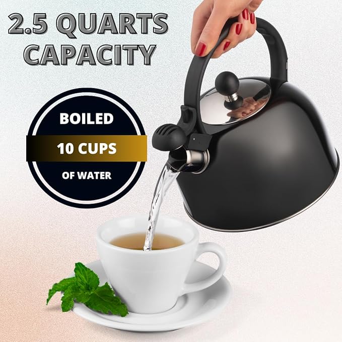 Venoly 2.5 Liter Whistling Tea Kettle - Modern Stainless Steel Whistling Tea Pot for Stovetop Hot Water Boiler with Cool Grip Ergonomic Handle (Black, 2.5 Liter)