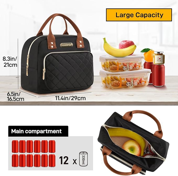 HOMESPON Lunch Bag for Woman Man Adults with Front Pocket Insulated Lunch Tote Lunch Box Container for Work Picnic or Travel(Black Golden)