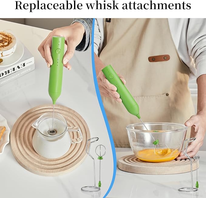 Rechargeable Milk Frother Set by ELMWAY, Electric Drink Blender with Wand and Egg Whisk, Foam Maker Mixer, Milk Frother Handled for Coffee, Latte, Matcha, Protein Powder (Green with Stand)