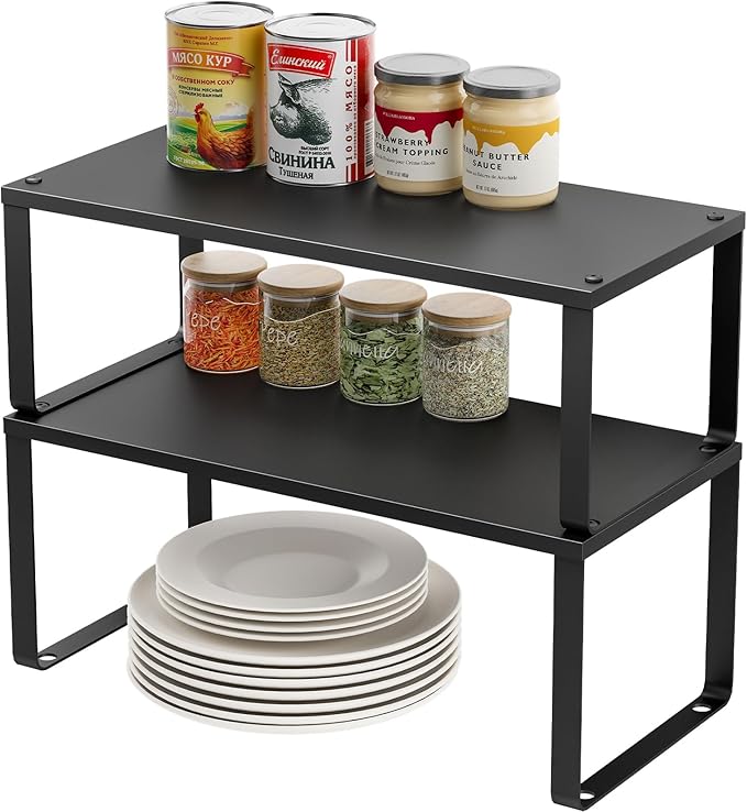 15.75" Long Stackable Expandable Metal Shelf Organizer For Kitchen Cabinet Counter Storage, Set of 2 Small Metal Storage Shelves Spice Rack For Kitchen Cupboard Countertop,Sturdy, 30LBS Heavy Duty