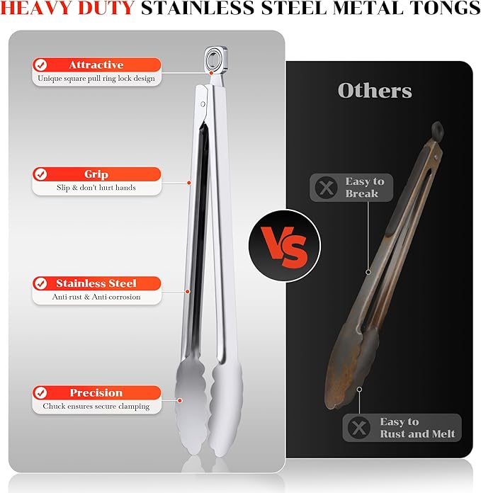 Kitchen Tongs for Cooking - 7 Inch & 9 Inch & 12 Inch Heat Resistant Stainless Steel Metal Locking Tong, BBQ Tongs Grill Tong for Cooking, Grilling, BBQ/Barbecue, Food (7+9+12 inch)