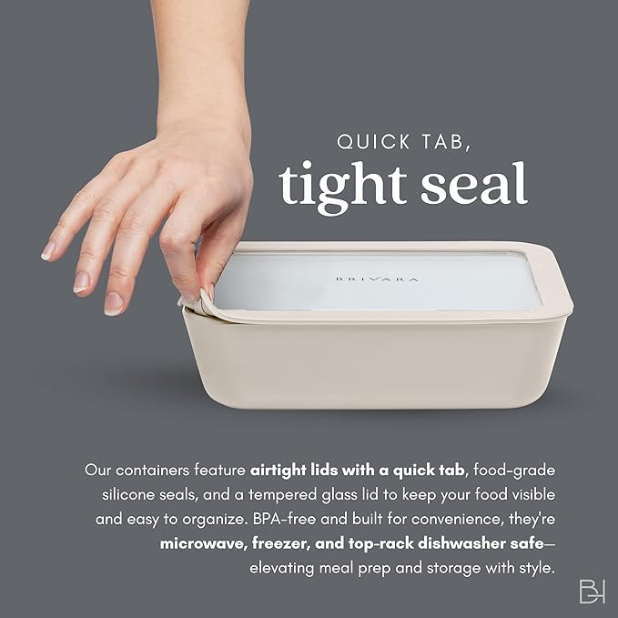 Ceramic Coated Glass Food Storage Container | No PTFE, PFOA, PFAS, and BPA | Reusable Non Toxic Meal Prep Container with Glass Lid | Easy To Store | 5 Cup Square [Crema]