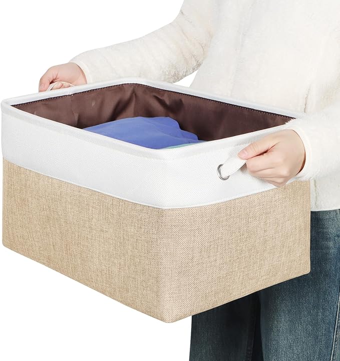 Kntiwiwo Foldable Storage Bin Collapsible Fabric Storage Basket Cube with Durable Handles Closet Organizer Bins for Organizing Shelves Drawers, Set of 3, 17" x 11.8" x 9.8", Beige