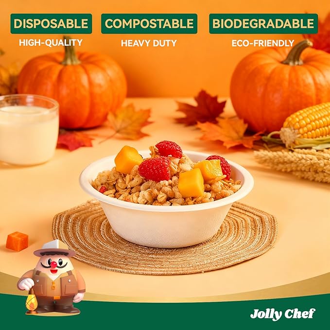 JOLLY CHEF Compostable Disposable Paper Bowl [12 oz] Heavy Duty Soup Containers [150 Pack] Biodegradable Bagasse Hot Cold Food Eco-Friendly Sugarcane Microwavable Bowls for Salad Milk Thanksgiving Day