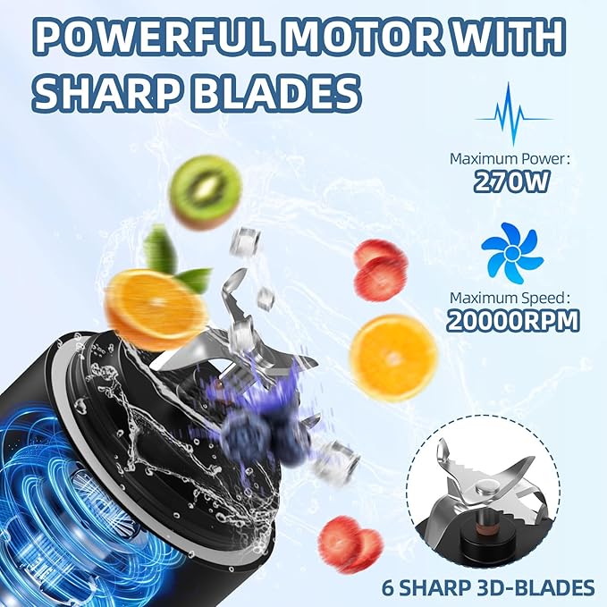 DENOKIN Portable Blender 20oz Vessel, Cordless Personal Size Blender for Shakes and Smoothies with 6 Blade Small Blender for Kitchen, Home, Travel