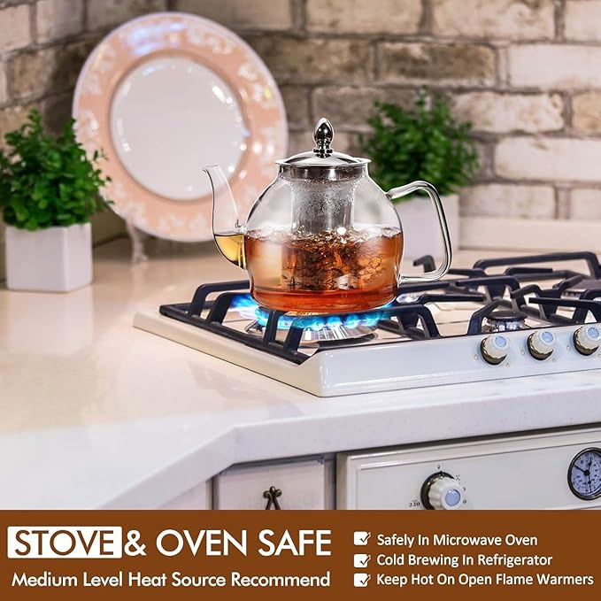 HIWARE 1500ml Glass Teapot with Removable Infuser, Stovetop Safe Tea Kettle, Blooming and Loose Leaf Tea Maker Set