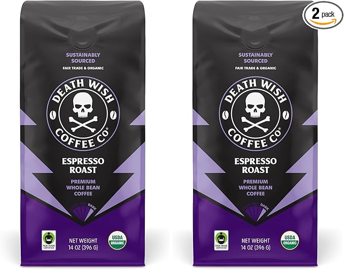Death Wish Coffee, Whole Bean Espresso Roast - Organic, Fair Trade, Arabica and Robusta Coffee Beans, 14 ounce (Pack of 2)
