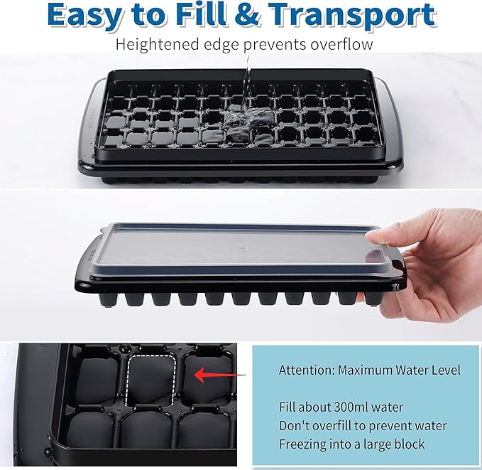 Ice Cube Trays with Lid and Bin for Freezer, Black Easy Release 55 Mini Nugget Ice Tray 2 pack and Bucket for Mini Freezer. Perfect Small Ice for Iced Coffee Cocktails and Ice Crushers, BPA Free.
