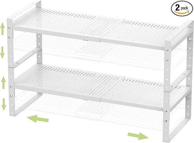 Expandable Stackable Aadjustable Shoe Rack Pantry Shelf for Kitchen Cabinets Counter Shelves Countertop Cupboard Storage Solution,Sturdy Heavy-Duty Metal Construction(2Packs/White/Medium)