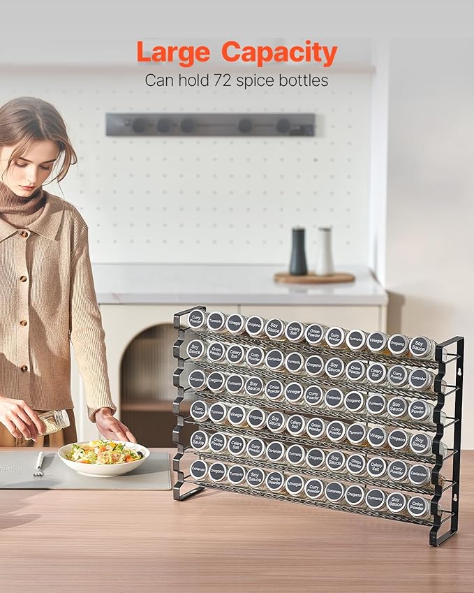 VEVOR Spice Rack Organizer for Cabinet, Spice Organizer with 72 Empty Spice Jars, Lids, Spice Labels, and Funnel Complete Set, Seasoning Organizer for Countertop, Kitchen, Pantry, Cupboard, 23x16 in
