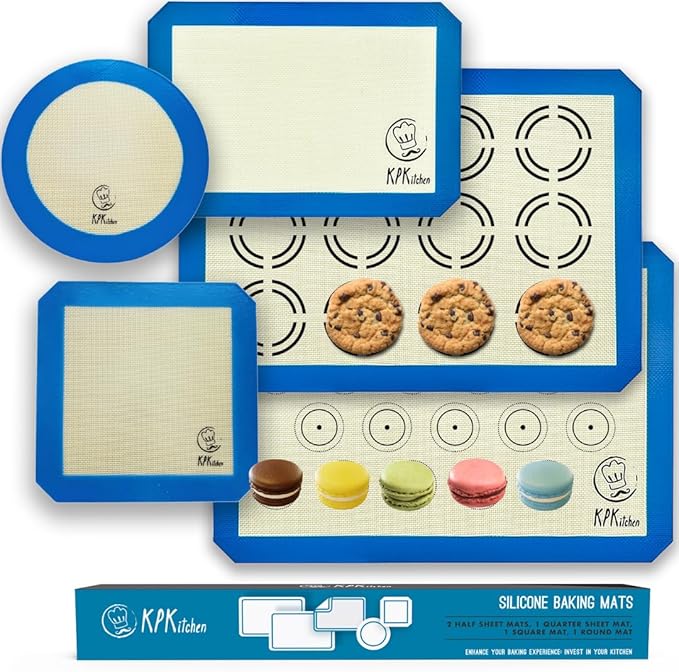 Silicone Baking Mat Set of 5-2 Half Sheets (Macaron & Cookie Circle On Mat) + 1 Quarter + 1 Round & 1 Square Size Silicone Baking Sheet - Nonstick & Easy to Clean - 100% Silicone Mats for Baking