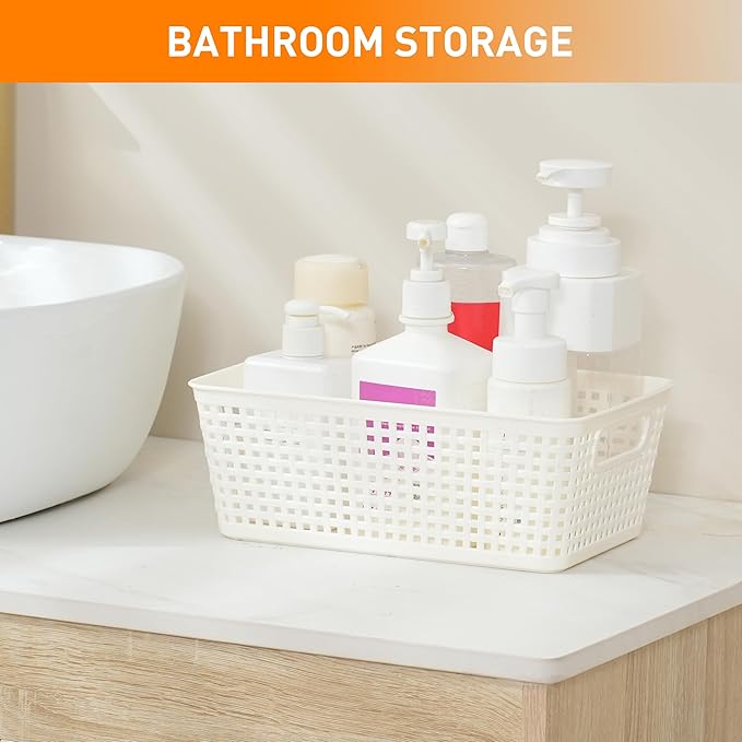 Plastic Storage Baskets With Lid, Storage Bins for Organizing, Stackable Decorative Containers for Shelves Drawers Desktop Closet Playroom Classroom Office, 8 Pack-White