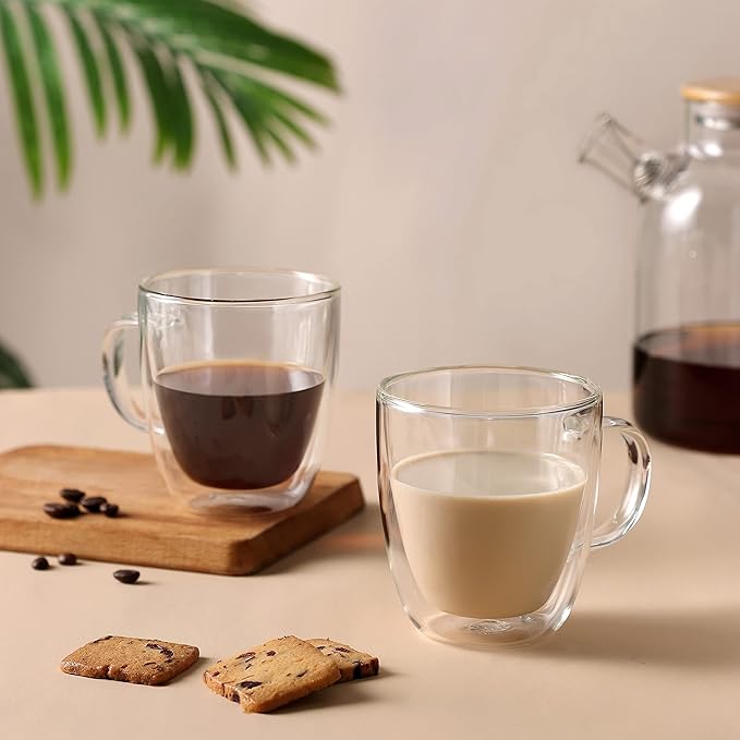 CNGLASS Large Glass Coffee Mugs 12oz,Double Walled Insulated Cappuccino Mug with Handle,Set of 4