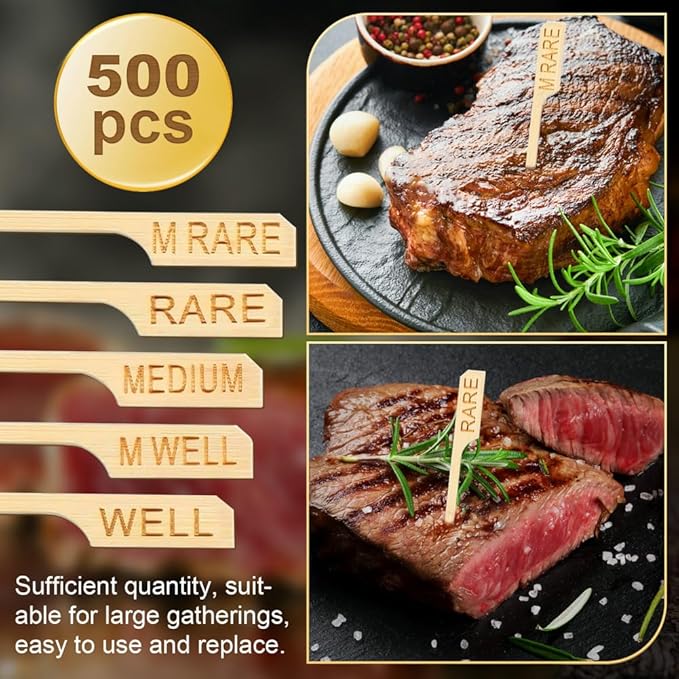 500 Pcs 3.5 Inch Assorted Bamboo Wood Steak Markers, PEOUWNES Steak Temperature Sticks Paddle Skewers for BBQ Party Kitchen Parties Catering Cocktail Fruit Grilling Roasting or Buffets Food