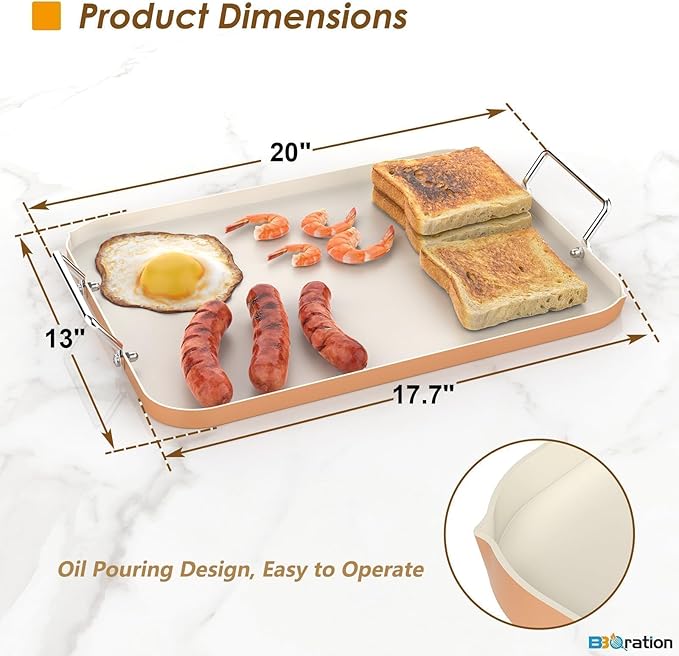 17.7" x 13" Griddle Pan for Gas Grill and Ovens, Stainless Steel Handles, Non Stick Ceramic Griddle Pan Griddle Skillet, PTFE Free PFOA Free