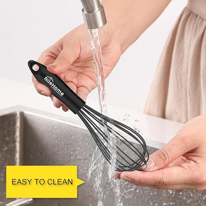 NileHome Silicone Whisk Set 10" 12" Kitchen Whisk Kitchen Wisk Wire Whisks for Cooking, Whisking, Blending, Beating, Stirring-Black