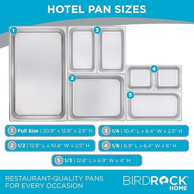 BIRDROCK HOME Stainless Steel Steam Table Pan - Hotel, Restaurant & Catering Supplies - 24 Gauge Steel, 1.2 qt Capacity - Meal Prep, Cooking, & Food Storage Container - 2.5" Depth, 1/6-Size (6 Pack)