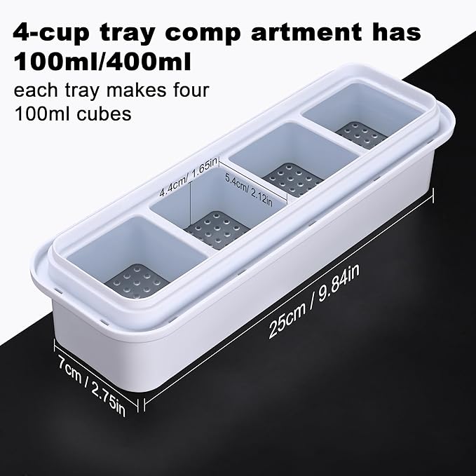 Premium Silicone Ice Cube Trays with Lid - BPA-Free, Easy-Release Reusable Ice Cubes, Perfect for Cocktails & Beverages, Stackable Ice Molds for Whiskey, 4-Cavity Portion Freezing Tray for Soup, Stews