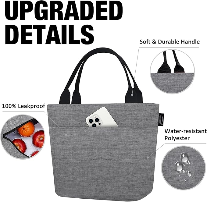 Aosbos Lunch Tote Bag, Insulated Lunch Box for Women, Leakproof Lunch Cooler Purse for Work, Grey