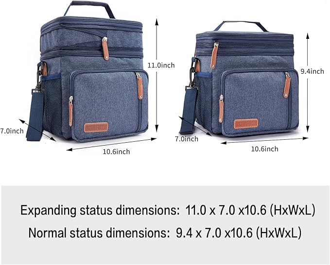 Men's Double Compartment Lunch Bag, Insulated Lunch Cooler Tote 2 Roomy Large Reusable Water-resistant Lunch Box (Blue)