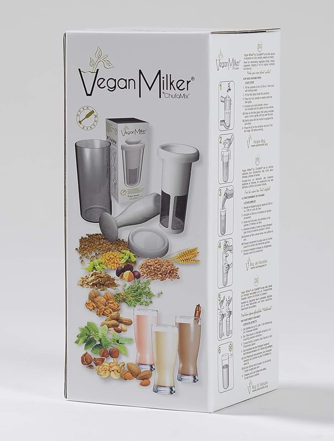 Vegan Milker by Chufamix, kitchen tool to make Plant Milks (soy, rice, oats & nut milk maker) or Coffee (from whole beans). Made in Europe. Recipe E-Book