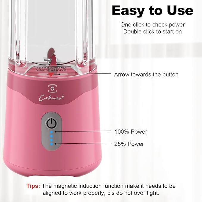 COKUNST 18oz Portable Blender, USB Rechargeable Personal Size Blenders, Smoothie Blender with 6 Blades for Protein & Shakes, Mini juicer with Extra Handle Lid for Travel Sports Outgoing-Pink