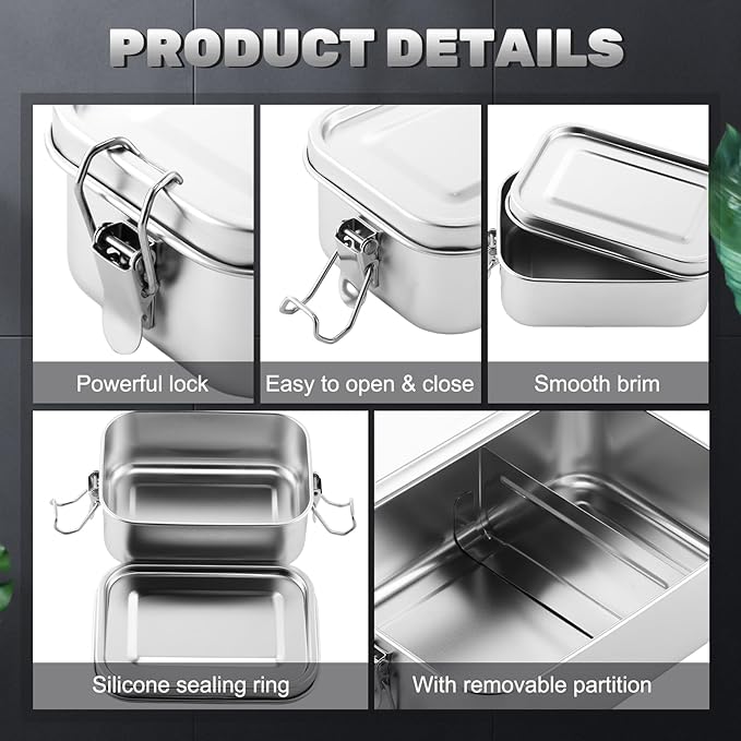 Umigy 3 Pcs Stainless Steel Food Containers 1200/1400/2400ml Metal Bento Lunch Box Stainless Steel Food Storage Containers, Lockable Clips to Leak Proof, Reusable Dishwasher Snack Boxes for Work