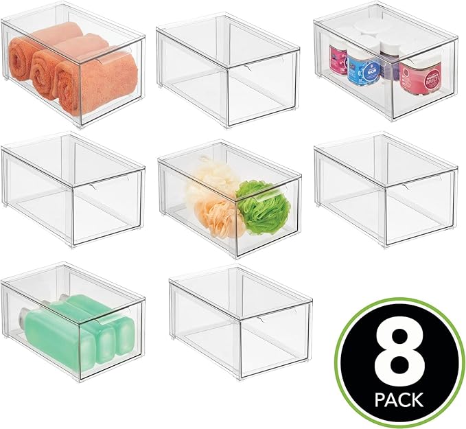 mDesign Plastic Stackable Bathroom Storage Organizer Bin with Pull Out Drawer for Cabinet, Vanity, Shelf, Cupboard, Cabinet, or Closet Organization - Lumiere Collection - 8 Pack - Clear