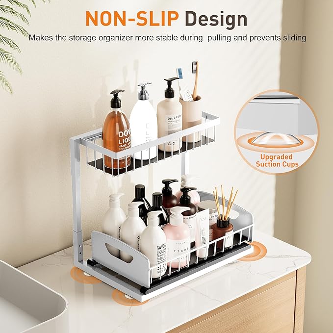 Under Sink Organizer,Metal Pull Out Cabinet Organizer Shelf,Kitchen Bathroom Organizers with Sliding Drawer,Storage Shelves,Storage and organization for Home,Laundry,RV,Pantry,Spice,White, 2 Pack