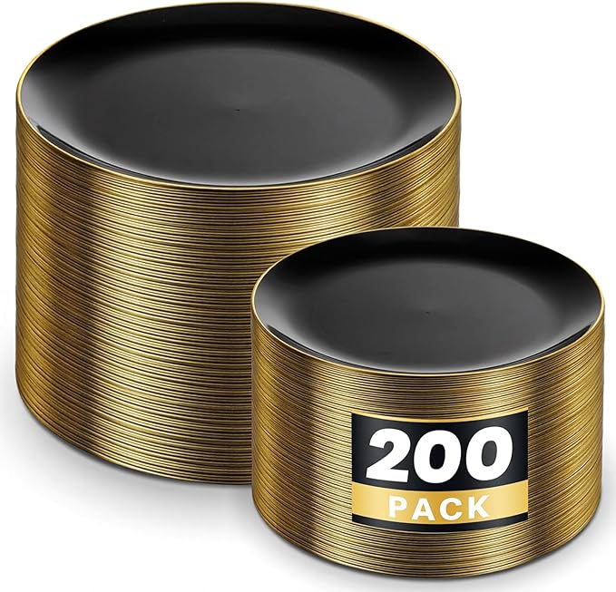 KIRE 200Pcs Black Plastic Plates - Black Plates Disposable for Party - Include 100 for Dinner and 100 for Dessert for Birthday/Wedding/New Year
