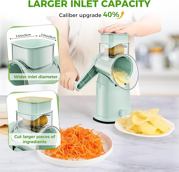 7 IN 1 Upgraded Rotary Cheese Grater with Handle – Vegetable Shredder with Built-in Storage Blade Slot, 5 Versatile Blades, Strong Suction Base Round Mandoline Slicer, Food Chopper for Kitchen