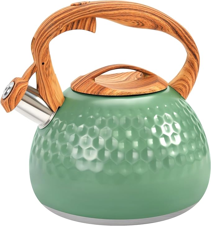 GGC Tea Kettle for Stove Top, Loud Whistling Kettle for Boiling Water Coffee or Milk, 3.1 Quart 3L Heavy Stainless Steel Green Tea Pot with Wood Pattern Handle, Unique Button Control Outlet