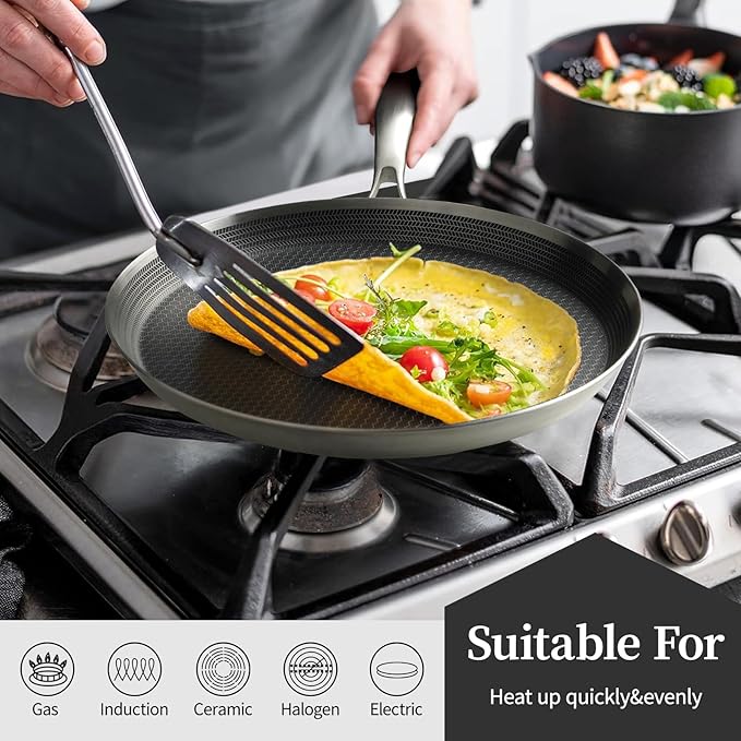 Innerwell Stainless Steel Crepe Pan - 12 Inch Nonstick Crepe Pan, Stainless Steel Honeycomb Coating Pancake Pan, Non Stick Flat Skillet Tawa Dosa Tortilla Griddle Pan, Induction Compatible, PFOA Free