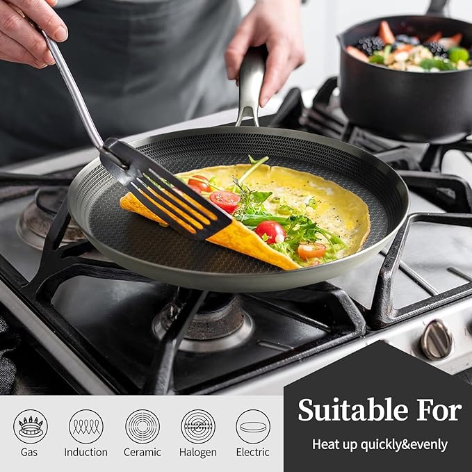 Innerwell Stainless Steel Crepe Pan - 10 Inch Nonstick Crepe Pan, Stainless Steel Honeycomb Coating Pancake Pan, Non Stick Flat Skillet Tawa Dosa Tortilla Griddle Pan, Induction Compatible, PFOA Free