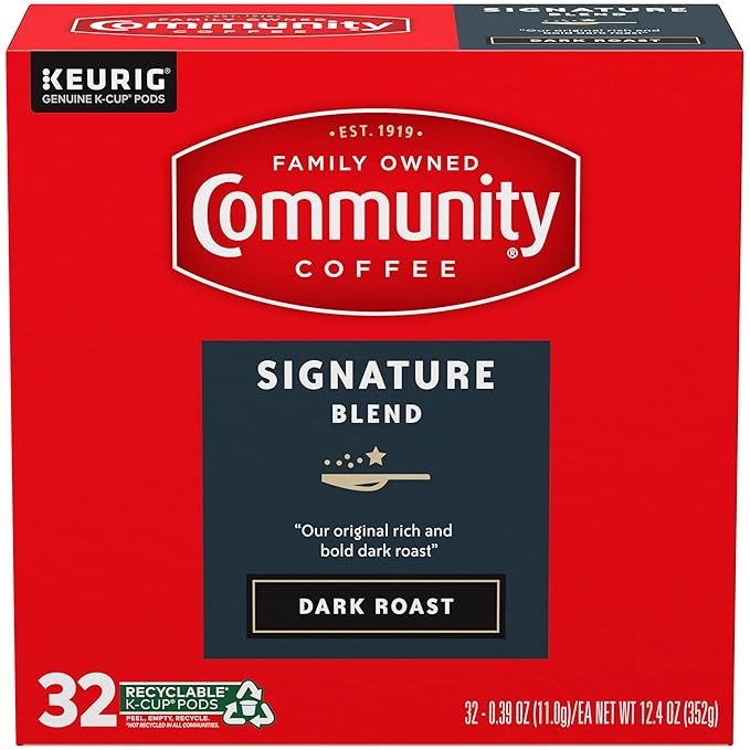 Community Coffee Signature Blend, Dark Roast, Single-Serve Keurig K-Cup Pods, 32 Count (Pack of 4)
