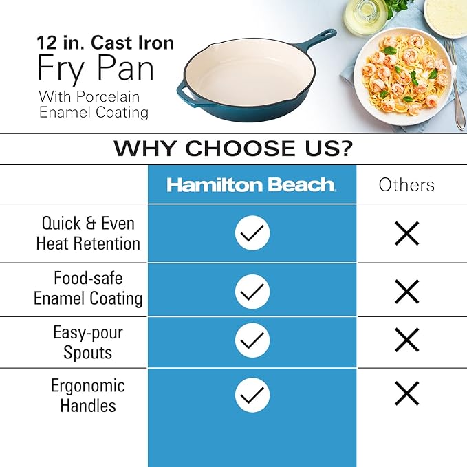 Hamilton Beach Enameled Cast Iron Fry Pan 12-Inch Navy, Cream Enamel Coating, Skillet Pan For Stove top and Oven, Even Heat Distribution, Durable
