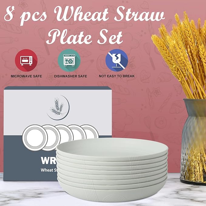Wrova Wheat Straw Plates - 9 Inch Unbreakable Dinner Plates Set of 8 - Dishwasher & Microwave Safe Plastic Plates Reusable for kitchen and camping (light grey)