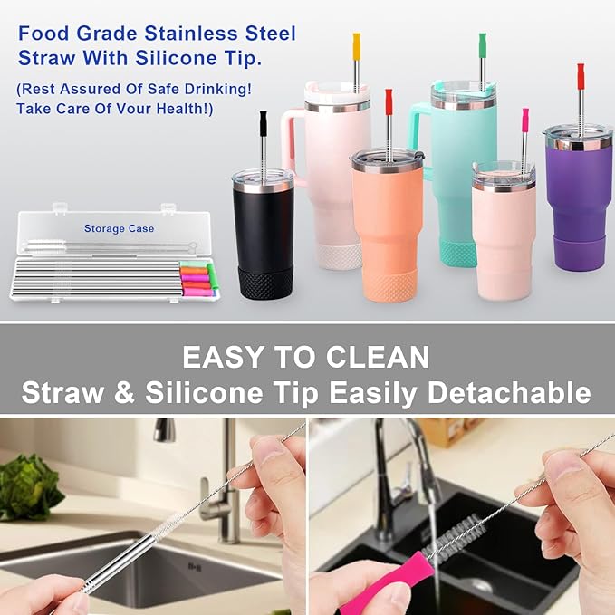 Newly Upgraded 8.5In Reusable Stainless Steel Straws Set 12 PCS with 12 Silicone Tips, 2 Straw Brush, 1 Storage Case, BPA Free, Eco-Friendly Metal Straws for 14, 20, 30 oz Tumbler，for Hot/Cold Drinks