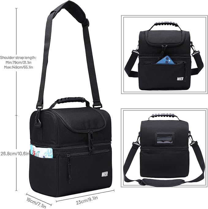 MIER 2 Compartment Lunch Bag for Men Women, Leakproof Insulated Cooler Bag for Work, Black