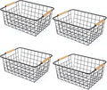 Wire Basket 4 Pcs Wire Storage Baskets Wire Baskets Organizing with Wooden Handles Wire Basket Pantry Organization and Storage Metal Wire Food Storage Basket for Kitchen, Cabinets (Black 4PCS)