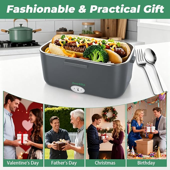 Electric Lunch Box for Adults, 80W Heated Lunch Box, 1.5L Stainless Steel Container | 12V/24V (Car/Truck) & 110V (Office/Home) | with Fork&Spoon and Insulated Carry Bag