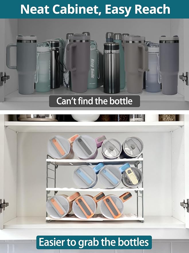 Upgraded Large Expandable Water Bottle Organizer for 40 oz Stanley, Owala & Yeti Tumblers, Adjustable Storage Rack for Travel Mug Cabinet, Pantry, and Kitchen Organization, Fits 20/30 oz Bottles Too