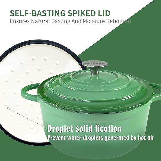 Dutch Oven,Cast Iron Dutch Ovens,Dutch Oven Pot with Lid,4.5 QT Enamel Dutch Pot,Dutch Ovens with Dual Handles,Cast Iron Pot for Braiser,Cooking,Gifts for Family,Green