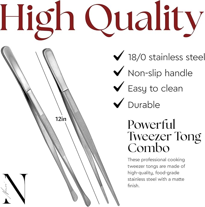 Namre' Tweezer Tongs for Cooking -Plating - 2 Pack Stainless Steel Cooking Tongs - Thin Chopstick Precise & Strong Chef Tweezers for Food & Small Objects - 12 Inch - (Silver)