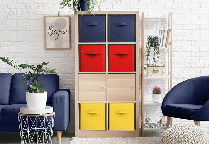 Sorbus Storage Cubes - 11" Foldable Storage Bins with Handle for Nursery, Playroom, Closet Organizers and Storage - 6 Fabric Shelf Basket for Toys, Books, Clothes - Yellow Navy & Red Storage Bins